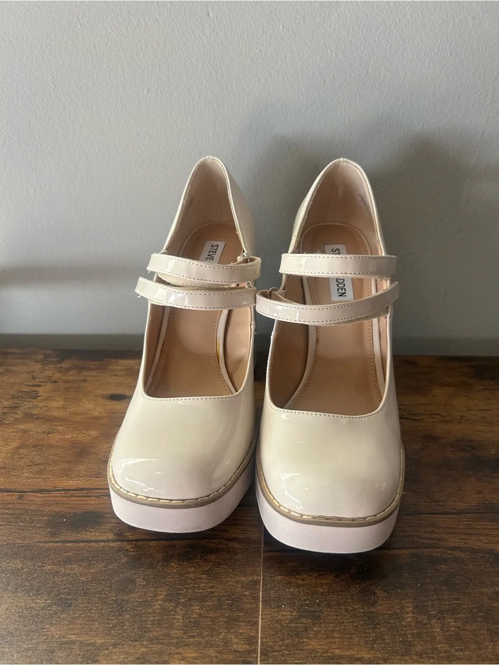 Steve Madden Cream Patent Double-Strap Platform Pumps